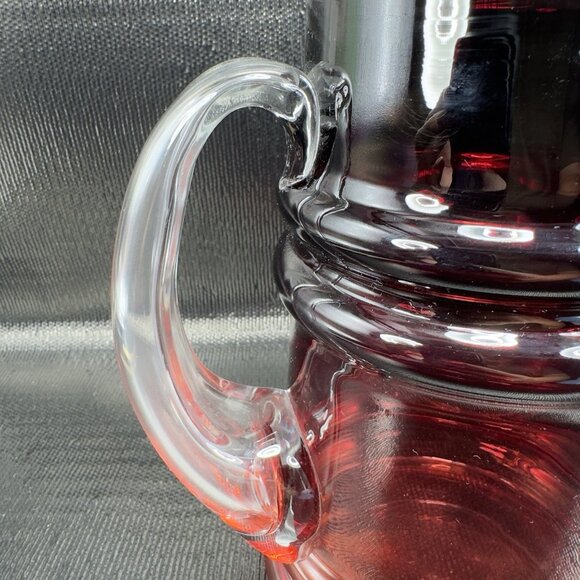 TARNOWIEC Poland Large Ruby Red Glass Beer Stein Jug With Clear Handle Vase VTG - Picture 5 of 15